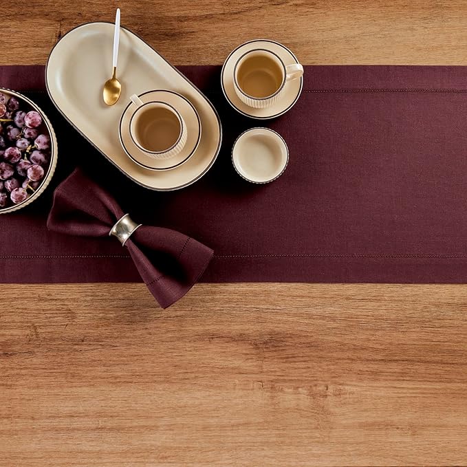 Solino Home Linen Burgundy Table Runner 90 Inches Long - 100% Pure Linen 14 x 90 Inch Table Runner for Fall, Autumn, Thanksgiving - Classic Hemstitch