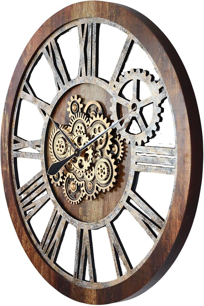 The Gears Clock 36'' Inch Real Moving Gear Wall Clock Vintage Industrial Oversized Rustic Farmhouse (Vintage Brown)