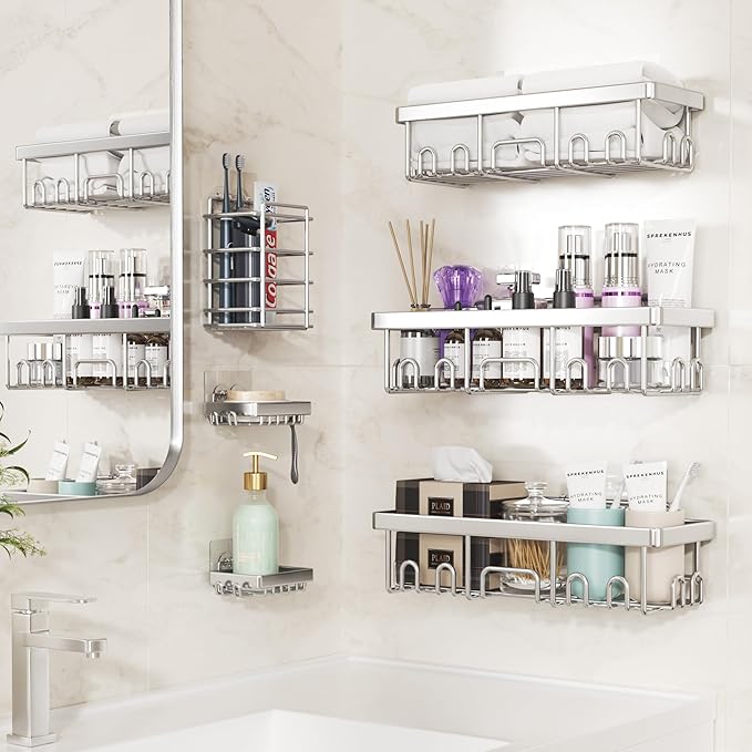 Veken Shower Caddy 6-Pack, Family Choice Award Winner, Large Wall Mounted Shower Rack, Bathroom Shelves Over Toilet, Organizer Storage Accessories with Soap Dish&Toothbrush Holder