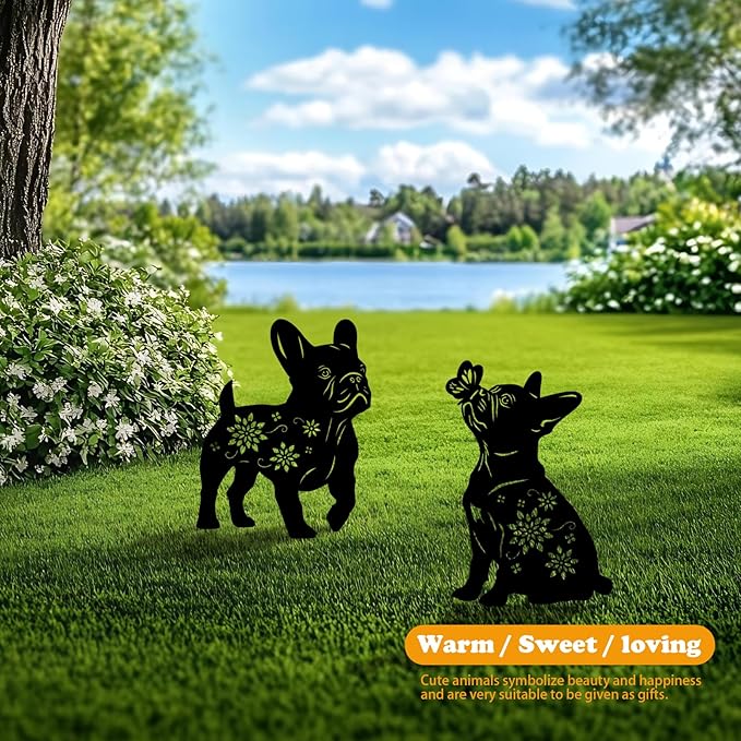 4 Pack Bulldog Metal Garden Decorative Stakes, Weather Proof Puppy Silhouette Statues for Yard, Patio,Outdoor Decor for Bulldog Lovers and Pet Owners