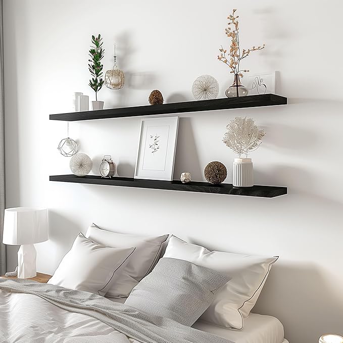 Wood Floating Shelves for Wall Decor, Rustic Wall Shelves for Bedroom Bathroom Kitchen Living Room, Set of 4 Black 48 Inch