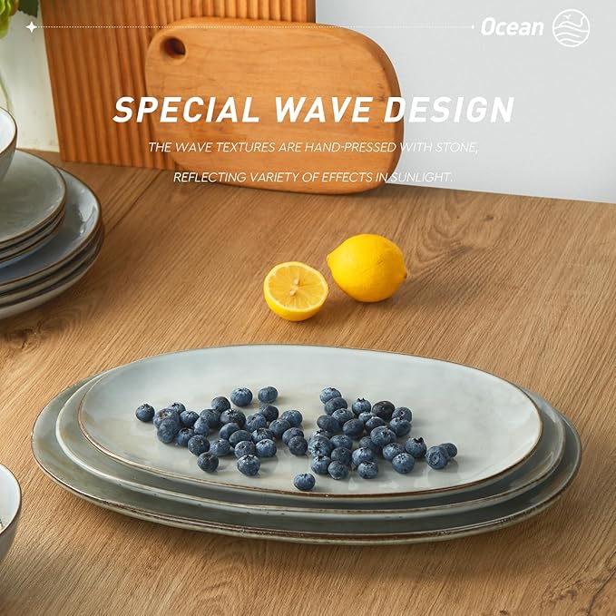 famiware Serving Platter, Oval 15.59/14.3/12.9inch Serving Dishes for Entertaining, Serving Bowls, Reactive Glaze, Stoneware Serving Trays for Party, Food, Turkey, Cheese, Ocean Series, Grey