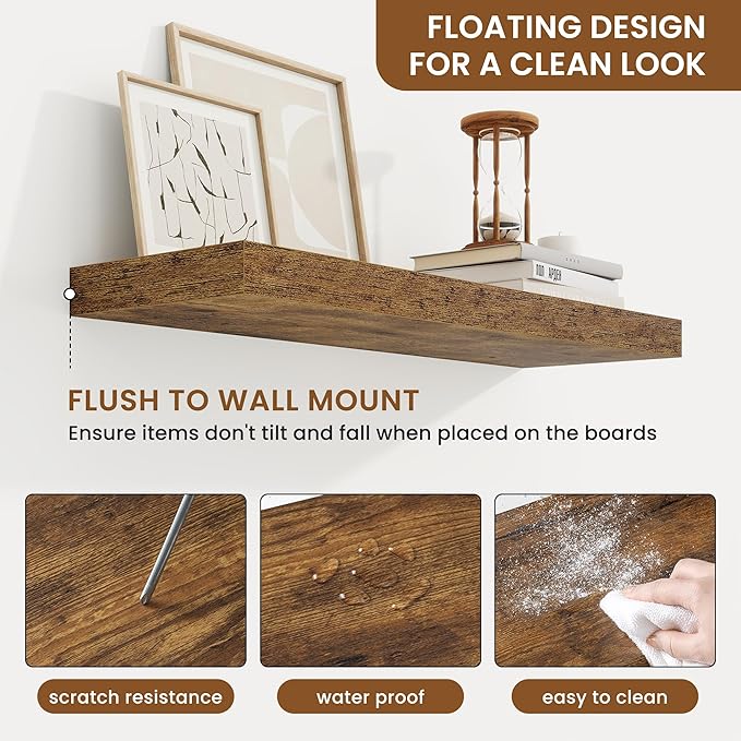 fuqing Floating Shelves for Wall, Bathroom Shelf Wall Mounted for Storage, Shelves with Invisible Bracket for Bedroom, Kitchen, Living Room, Farmhouse Small Book Shelf, 24 Inch Set of 2, Rustic Brown