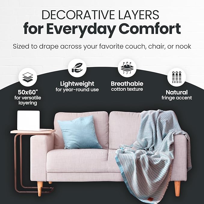 Gold Case Throw Blanket for Couch – 100% Recycled Turkish Cotton Blankets & Throws – Elegant Decorative Throw Blankets for Living Room Sofa – Woven Throws for Couch – Vintage Aqua– 50x60