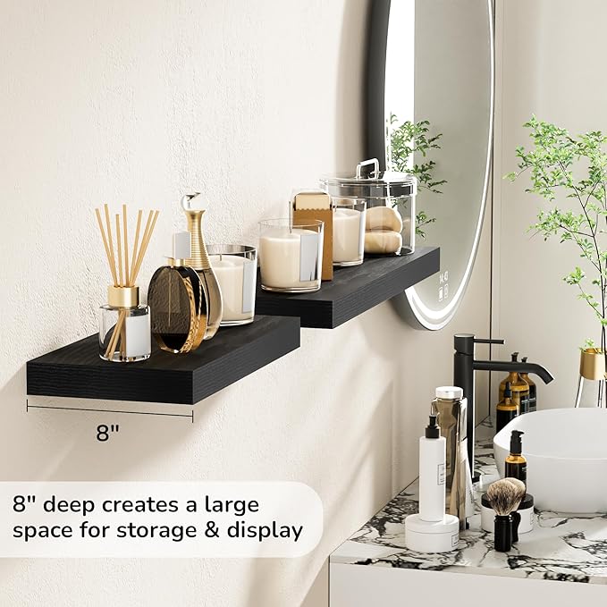 Fun Memories 16 Inch Floating Shelves - Deep Rustic Black Wooden Wall Shelves - Extra Deeper & Thicker Wall Mounted Storage Shelf for Bedroom, Kitchen, Farmhouse - 2 Pack, Rustic Black