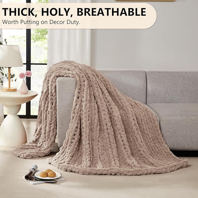 L'AGRATY Chunky Knit Blanket Throw: 80''x90'' Chenille Chunky Knitted Throw Blankets for Bed Couch - Handmade Thick Big Cable Knit Blanket - Large Crochet Rope Blankets for Home Decor(Light Taupe)