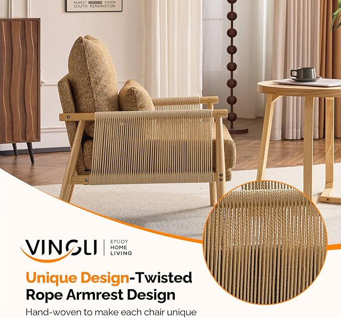 VINGLI Boho Braid Accent Armchair,Mid-Century Modern Chiar with Solid Wooden Armrest,Comfy Louge Cushion Chair with Waist Pillow for Bedroom,Living Room,Reading Room, Khaki