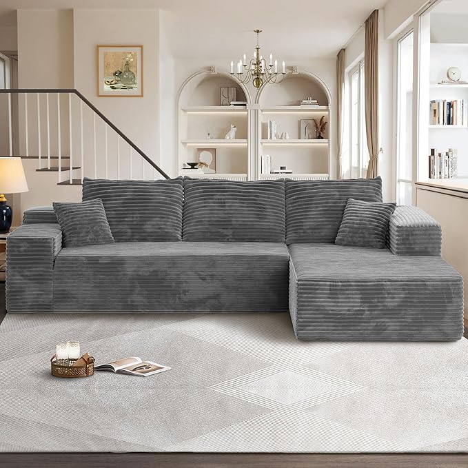 106" Cloud Sectional Couches for Living Room,Plush Corduroy Boneless Couch with Comfy Chaise,L Shaped Sofa in A Box No Assembly Require,Grey