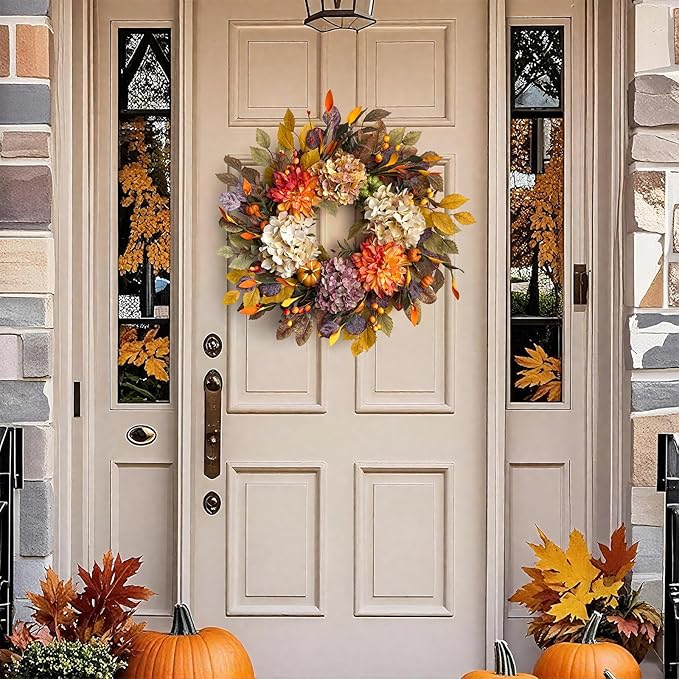 24Inch Fall Wreaths for Front Door,Fall Wreath with Beige Hydrangea,Orange Dahlia Artificial Flowers,Pumpkins,Autumn Wreaths for Harvest Thanksgiving Halloween Indoor Outdoor Home Decor