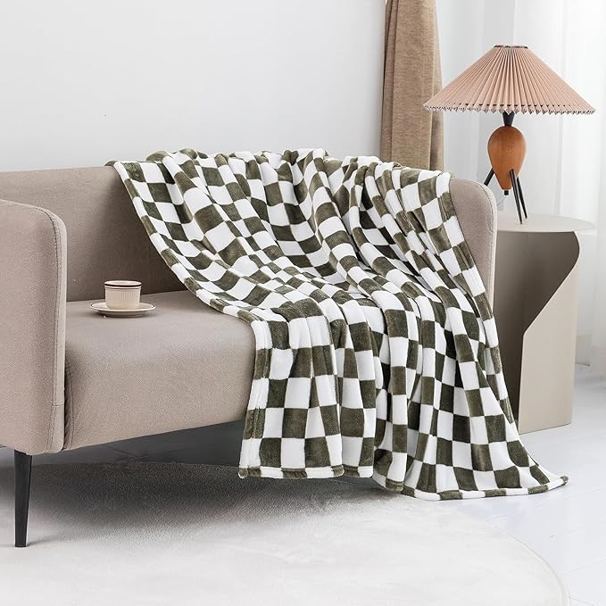 LOMAO Throw Blankets Flannel Blanket with Checkerboard Grid Pattern Soft Throw Blanket for Couch, Bed, Sofa Luxurious Warm and Cozy for All Seasons (Dark Olive, 90"x110")