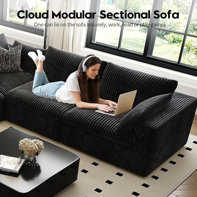 LoveSeat Cloud Couch Modular Sectional Sofa for Living Room,Modern Sofa with Deep Seat，2 Seater Boneless Couch,Comfy Upholstered Corduroy Couches for Apartment, Studio, Office,Bedroom，Black