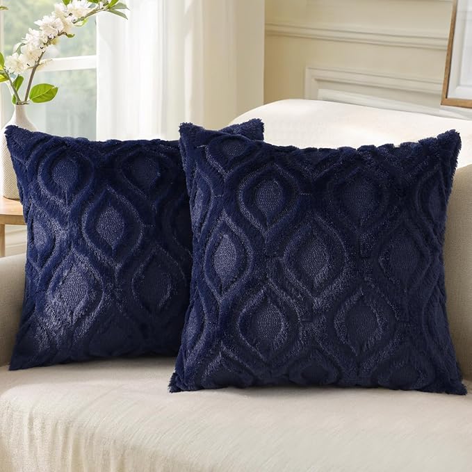 decorUhome Fall Throw Pillow Covers 18x18 Inch Set of 2, Soft Plush Decorative Faux Fur Navy Blue Solid Couch Pillow Covers, Accent Farmhouse Neutral Square Euro Pillow Cases for Sofa Bed Living Room