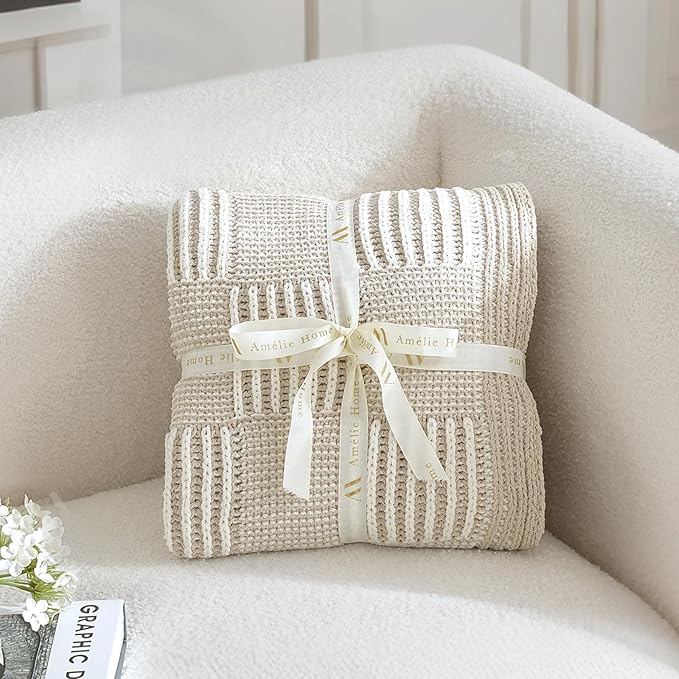 Amélie Home Chenille Knit Throw Blanket for Couch, Checkered Texture Decorative Soft Blanket for Sofa, Bed & Living Room, 50"x60", Khaki & White
