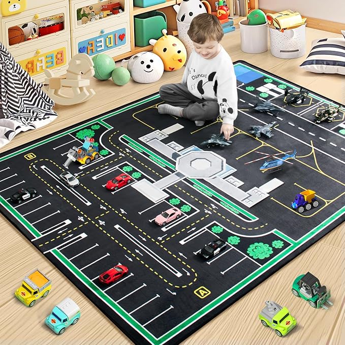 Kids Rug, Road Carpet for Kids with Combined City Road Traffic System, Car Rug and Airport Play Mat, 3x5 Ft Children’s Play Rugs for Playroom, Children’s City Traffic Map Fun Car Mat,Non-Slip