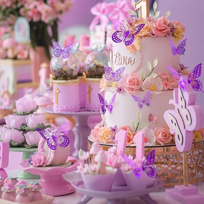 SAOROPEB 3D Butterfly Wall Decor - 48 Pcs, 4 Styles, 3 Sizes - Purple Butterfly Decorations for Birthday Parties, Removable Stickers