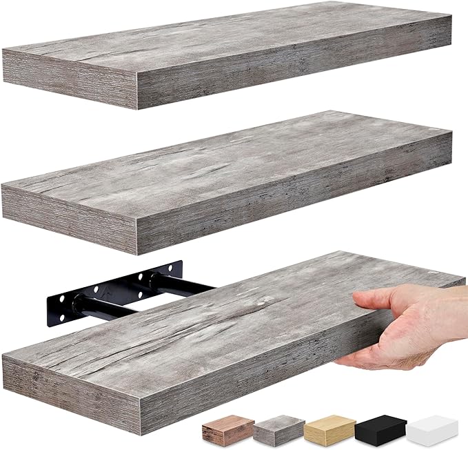Sorbus Floating Shelves for Wall, Bathroom Shelves Wall Mounted for Kitchen, Bedroom, Bathroom Storage Over Toilet, Hanging Book Shelf for Wall Home Decor Living Room (Gray, 3 Pack)