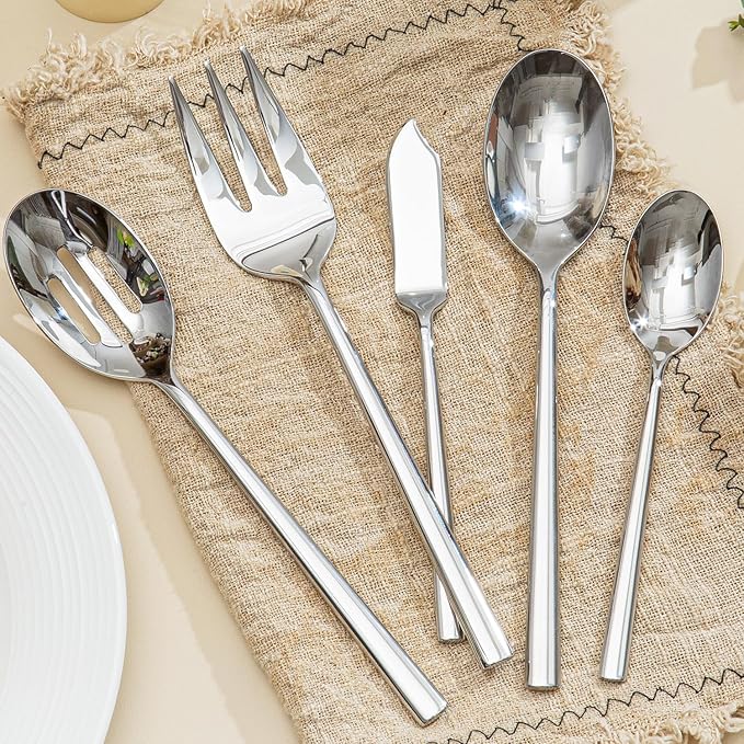 KINGSTONE Silverware Set with Serving Utensils, 45-Piece Forged Flatware Set Cutlery Set Premium Stainless Steel, Service for 8, for Kitchen, Home, Wedding, Party, Mirror Polished and Dishwasher Safe