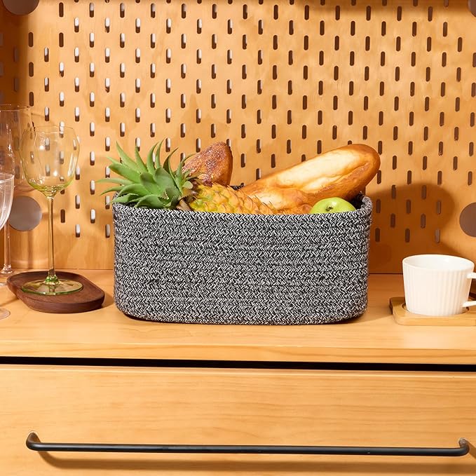 Small Storage Baskets for Organizing | Closet Organizer Bins | Shelf Toy Basket | Woven Rope Baskets | Cube Decorative Box | Shallow Basket | 13x8.5x5.1” | 3 Packs Dark Gray