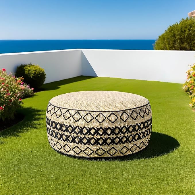 Outdoor Inflatable Ottoman with Air Pump, Embroidery Patio Footrest Stool D21”x H9”, Round Pouf Ottoman with Portable Handle Suitable for Garden, Camping, Bedroom, Living Room