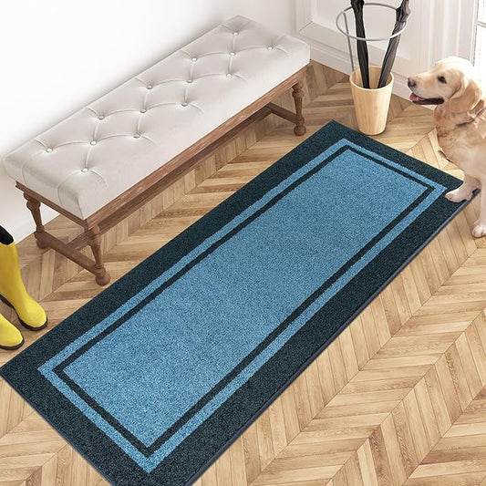 PURRUGS Dirt Trapping Door Mat 24" x 60", Non-Slip/Skid Machine Washable Entryway Rug, Shoes Scraper, Area Rug, Super Absorbent Welcome Mat for Muddy Wet Shoes and Paws, Light Blue & Navy