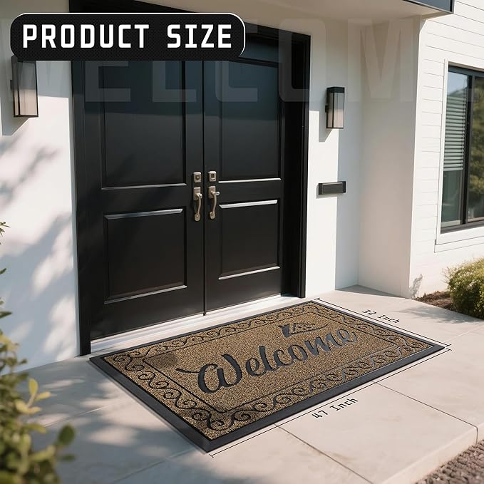 Yimobra Welcome Mat, Heavy Duty Sturdy Door Mats for Home Entrance Outdoor Indoor, Front Doormat for Outside Patio Floor Entry Porch Garage Office, Waterproof, Low Profile, 47X32 Inches, Beige Brown