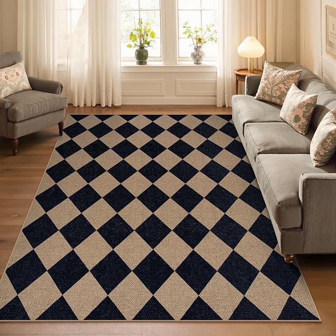 Lahome Checkered Easy Jute Outdoor Rug, 5x7 Area Rugs for Living Room Nature Large Dining Room Carpet, Farmhouse Outdoor Patio Non Slip Diamond Carpet for Home Office Bedroom Backyard Deck