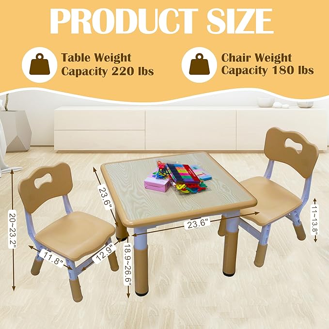 Kids Table and 2 Chairs Set with Graffiti Desktop, Toddler Furniture Set, Non-Slip Table Children Study Desk, Dining Table, Height Adjustable Desk, Painting Desktop for Kids (23.6x23.6Inch)