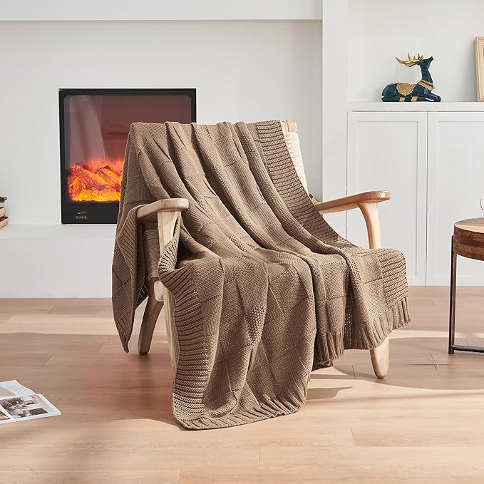 CozeCube Check Knit Throw Blanket, Light Brown Checkered Throw for Couch, Decorative Christmas Soft Cozy Warm Knitted Blanket for Bed Sofa Living Room, 60"X80"