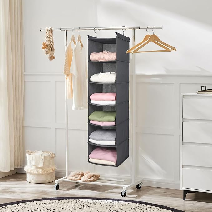 MAX Houser 6 Tier Shelf Hanging Closet Organizer, Closet Hanging Shelf with 2 Sturdy Hooks for Storage, Foldable (Grey)