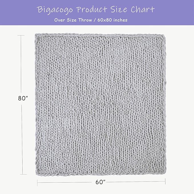 Bigacogo Chunky Knit Throw Blanket for Couch, 60x80 inches, 100% Hand Knitted with Thick Jumbo Chenille Yarn, Cozy Soft Large Rope Knot Cable Crochet Blankets for Sofa Bed Living Room, Light Grey