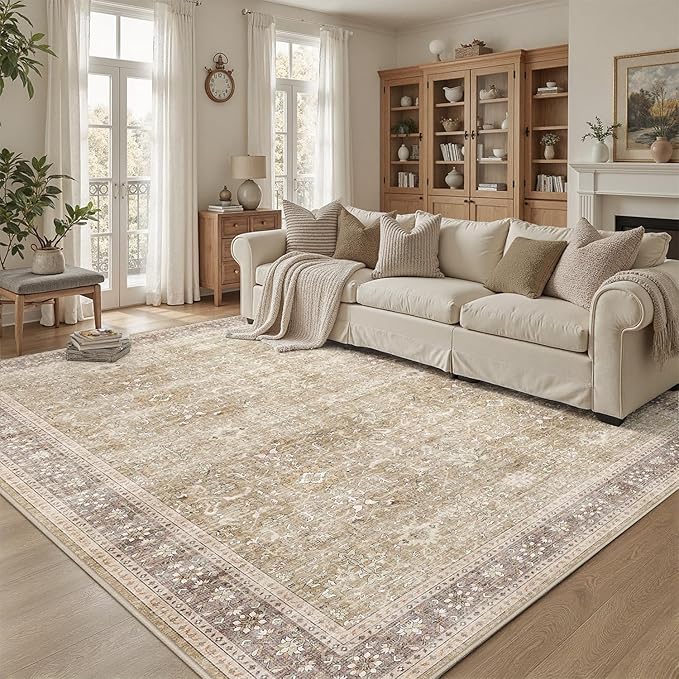DCX Machine Washable Brown and Beige Area Rug 5x7, Non Slip Stain Resistant Vintage Rug for Living Room Diningroom Bedroom Nursery, Soft Low Pile Large Carpet
