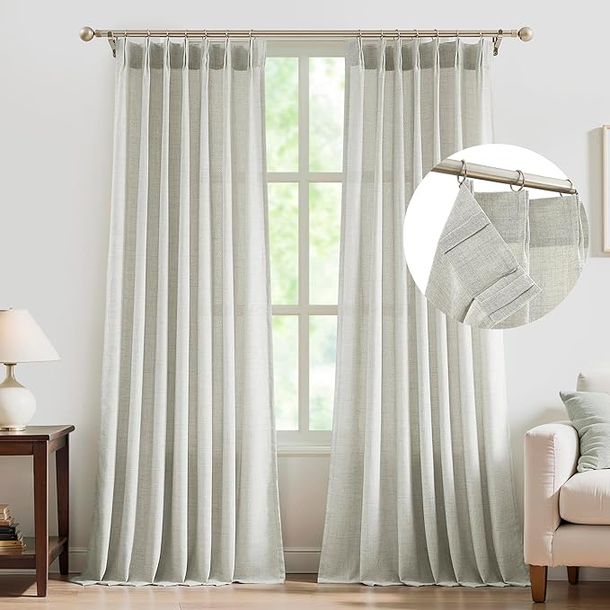 FMFUNCTEX Pinch Pleated Curtains 96 Inches Long for Living Room,Cream Beige Semi Sheer Faux Linen Textured Pleat Drapes for Bedroom with Hooks, Light Filtering Farmhouse Window Drapes 2 Panels