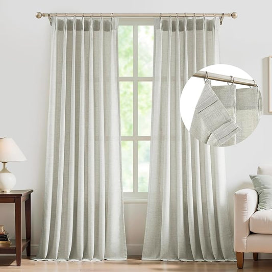 FMFUNCTEX Pinch Pleated Curtains 96 Inches Long for Living Room,Cream Beige Semi Sheer Faux Linen Textured Pleat Drapes for Bedroom with Hooks, Light Filtering Farmhouse Window Drapes 2 Panels