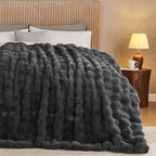 Lotus Karen Queen Size Faux Fur Blanket Dark Gray - Big Bubble Rabbit Fluff Throw for Bed Large Fluffy Fuzzy Cozy Thick Furry Plush Shaggy Blankets 90x90 Inches