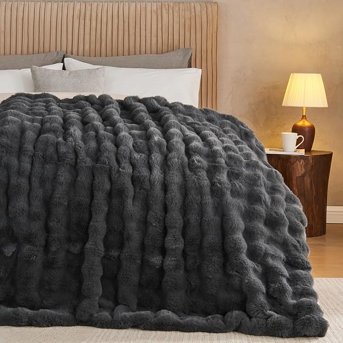 Lotus Karen Queen Size Faux Fur Blanket Dark Gray - Big Bubble Rabbit Fluff Throw for Bed Large Fluffy Fuzzy Cozy Thick Furry Plush Shaggy Blankets 90x90 Inches