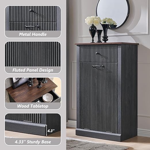 Modern Tilt-Out Trash Can Cabinet, 10 Gallon Fluted Laundry Hamper Cabinet with Drawers, Wooden Hidden Garbage Can Cabinets with Storage Basket, Free Standing for Kitchen and Living Room, Grey