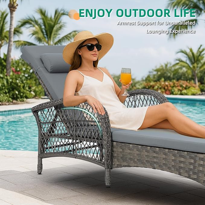 VIVIJASON Outdoor Wicker Chaise Lounge Chair, All-Weather PE Rattan Cushioned Patio Lounger Chair, 6-Position Adjustable Pool Sunbathing Recliner with Armrest & Pillow for Poolside Deck Yard, Gray