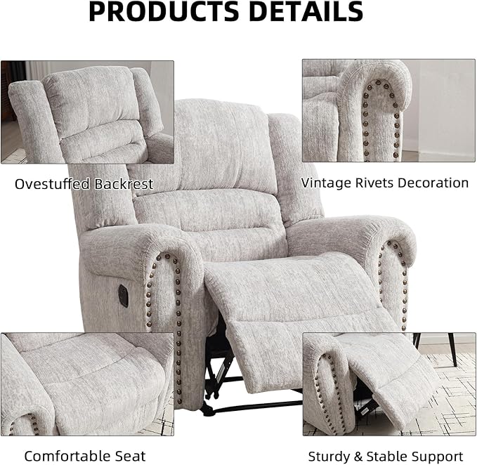CANMOV Manual Recliner Chair, Classic and Traditional Manual Recliner Chair with Comfortable Arms and Back Single Sofa for Living Room, White Grey
