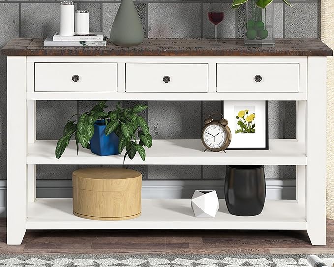 Solid Wood Console Table,Sofa Table with Storage Drawers and Bottom Shelf,Entryway Table for Entry Hallway Foyer Sofa Couch Table,Fully Assembled (48.8" Antique White)