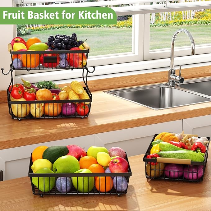 2 Tier Fruit Basket for Kitchen Counter with 2 Banana Hangers, Countertop Metal Fruit Bowl with Wooden Handle, Large Storage Stand for Vegetables, Snacks, Breads, Produce Storage – Black