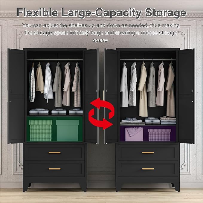 71'' Farmhouse Metal Wardrobe Cabinet with Hanging Rod, 2 Barn Door Wardrobe Closet with Adjustable Shelves,2 Drawer,for Dining Room,Bedroom,Living Room, Cloak Room,Office (Black)