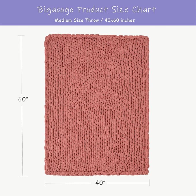 Bigacogo Chunky Knit Throw Blanket for Couch, 40x60 inches, 100% Hand Knitted with Thick Jumbo Chenille Yarn, Cozy Soft Large Rope Knot Cable Crochet Blankets for Sofa Bed Living Room, Antique Red