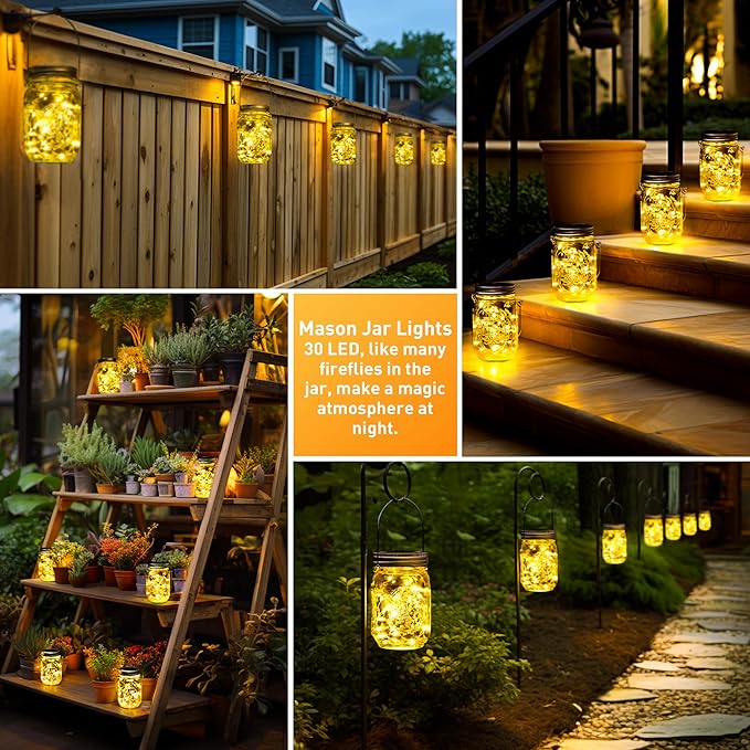 GIGALUMI Solar Mason Jar Lights, 12 Pack 30 Led String Fairy Lights Garden Lights Outdoor Waterproof Metal Lid Hanging Solar Lanterns for Outdoor, Garden, Patio, Lawn, Balcony Decoration