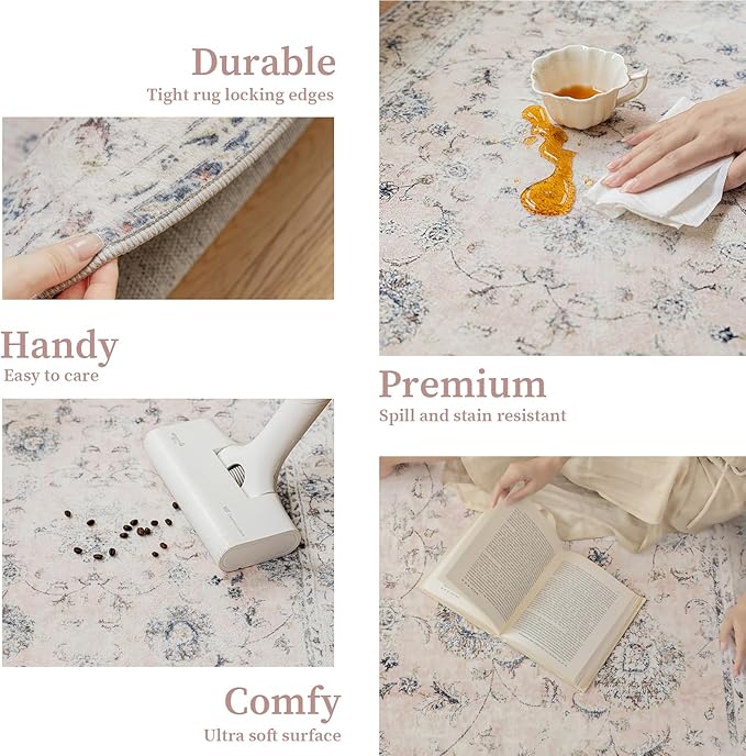 2'x3' Vintage Floral Rug - Persian Inspired Low-Pile Faux Wool Area Rug, Non-Slip Washable Small Rug for Bedroom, Nursery, Dorm, Soft Pink Boho Chic Decor