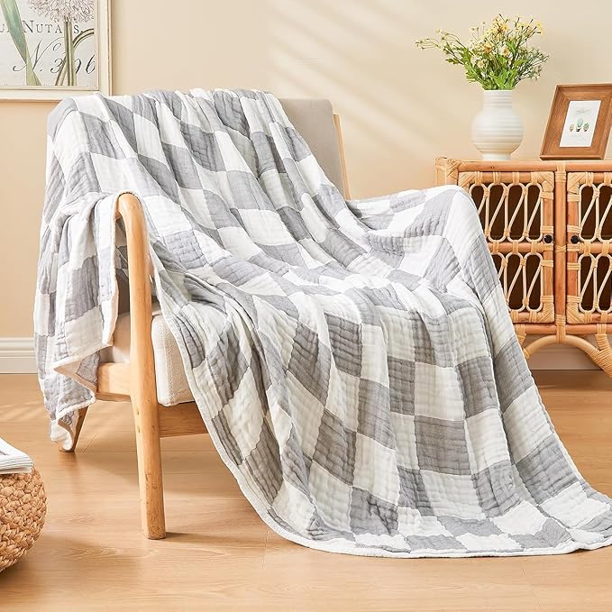 EMME Checkered Cotton Blanket Twin Large 60"x80" 100% Muslin for Couch Breathable Cooling Gauze All Season Soft and Lightweight Pre-Washed (Light Grey)