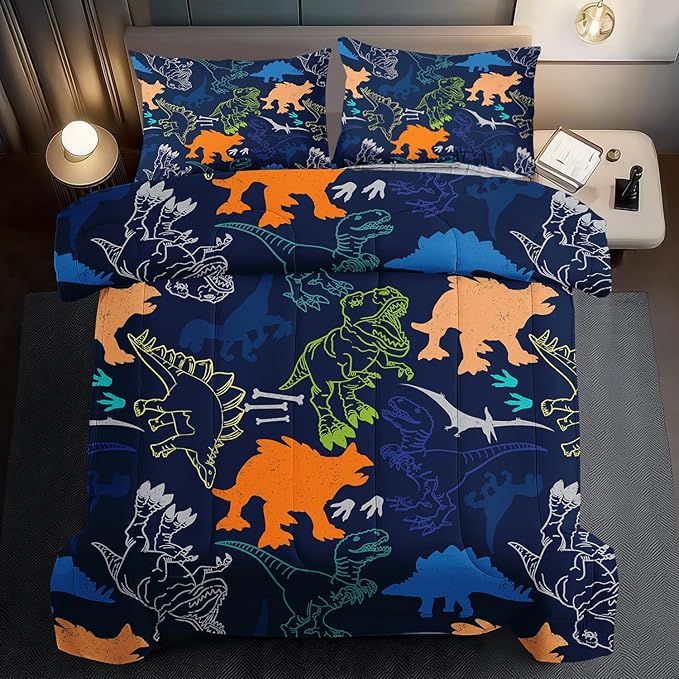 Blue Dinosaur Comforter Set Queen Boys,Cute Dinosaur Bedding Set Queen for Kids,Kawaii Dragon Comforter Blue Bedroom Decor,Cute Animal Bedding Kawaii Animal Quilt Boys