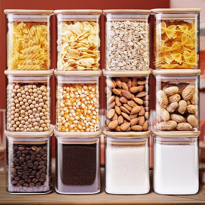 Square Glass Jars with Bamboo Lids 17 FL OZ [Set of 12], Glass Canisters with Airtight Lids, Glass Food Storage Containers for Spice, Sugar, Tea, Candies, Cookies, Best for Kitchen & Pantry