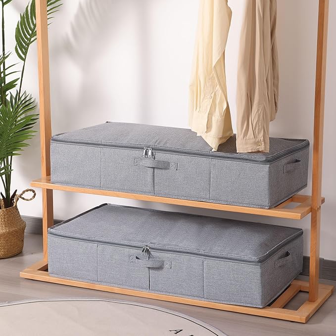 Under the Bed Storage Bins, 31.5 x 15.7 x 5.9 Inch Closet Organizers with Reinforced Handles for Blanket, Sheets, Pillows, Towels, Shoes, Grey, 3 Pack