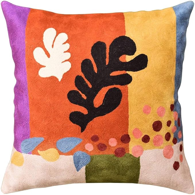 Matisse Coral Pillow Cover | Orange Modern Pillows | Modern Chair Cushion| Farmhouse Pillows | Flower Outdoor Pillow | Mid Century Chair Cushion | Hand Embroidered Wool Size 18x18