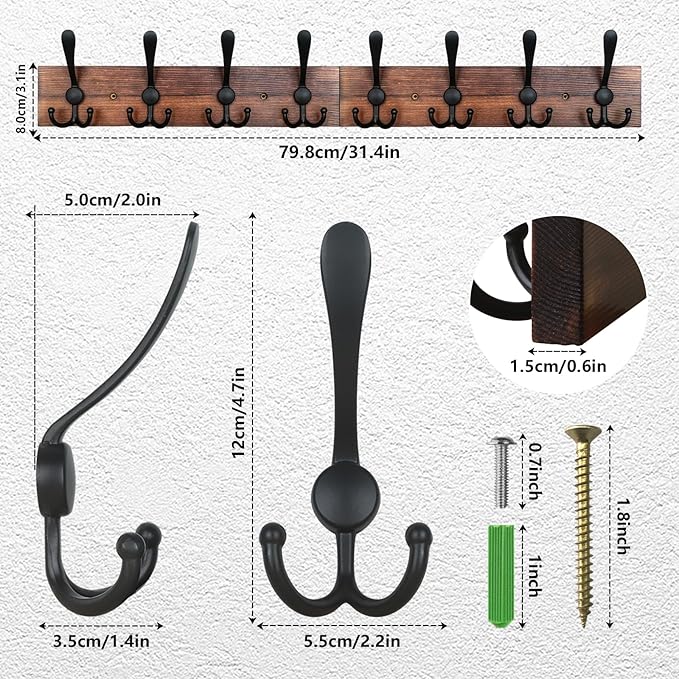 IBosins Wall Mounted Coat Rack, 31-2/5'' Long, Entryway Hanging Rack, Metal Wood Coat Hooks Rack with 8 Black Rustic Tri-Hooks Rail for Coat, Bag, Towel, Key, Hat, Umbrella